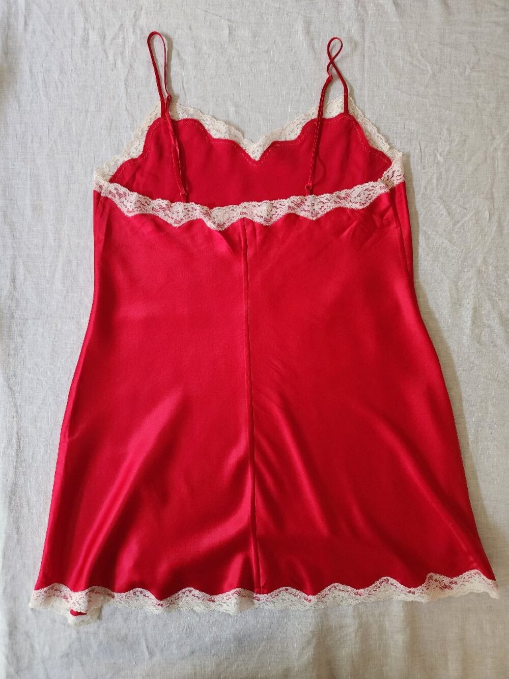 VTG Victoria’s Secret Red Satin Lace Slip Dress Medium High Thigh Slit - Picture 2 of 8
